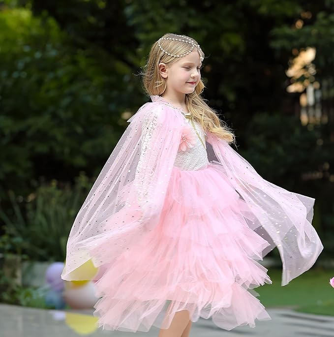 Princess Dress Up Clothes, 7pcs Princess Cape Crown with Wand for Girls 3-8 Years Toddler Princess Dress Up for Birthday Gift