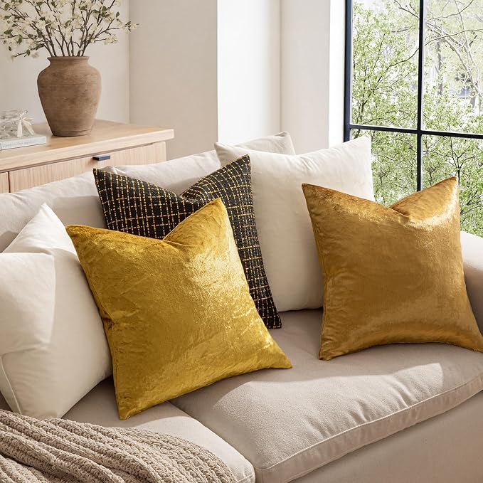 MIULEE Velvet Throw Pillow Covers 16x16 Inch Pack of 2 Golden | Soft Solid Small Decorative Pillow Covers, Modern Luxury Home Decor, for Couch Chair Sofa Bedroom Livingroom Car