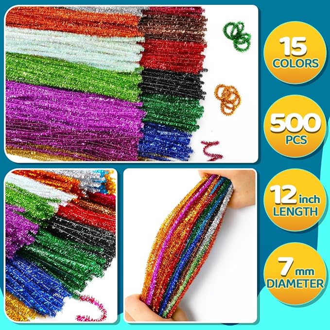 500pcs Pipe Cleaners, Pipe Cleaners for Crafts, Craft Supplies Multicolor Chenille Stems for Art&Craft Christmas DIY Projects(15colors,Glitter)