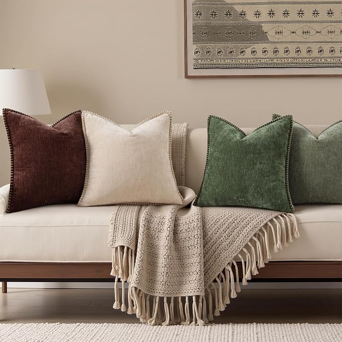 decorUhome Soft Chenille Throw Pillow Covers 20x20 Set of 2 Chocolate | Fall Textured Decorative Throw Pillow Cases Stitched Edge Modern Farmhouse Luxury Boho Velvet for Couch Sofa Bed Home Decor