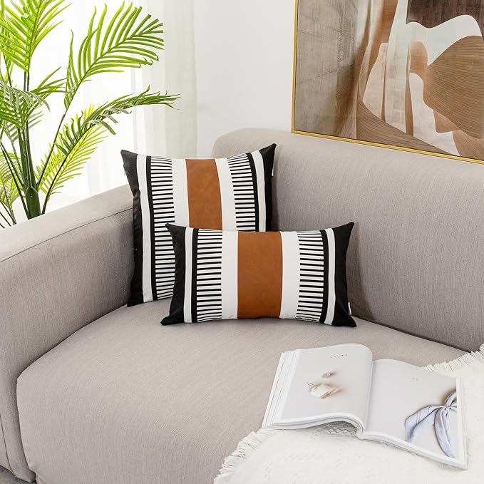 2 Pack 12x20 Lumbar Throw Pillow Covers, Faux Leather & Cotton Canvas with Black Stripes, Rectangular Decorative Pillow Case for Living Room, Sofa, Couch, Bedroom, Modern Farmhouse Home Decor