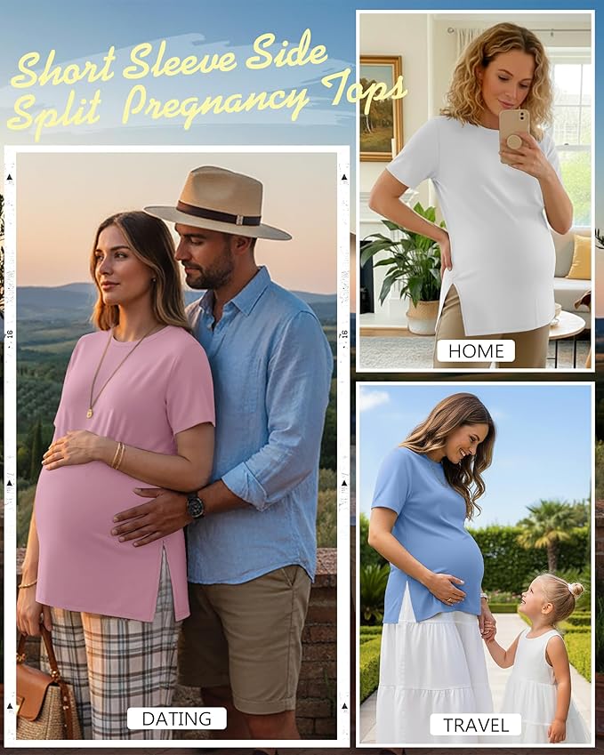 Ficerd 3 Pack Women's Maternity T Shirts, Short Sleeve Side Split Pregnancy Tops Casual Crew Neck Pregnant Tees Mama Clothes