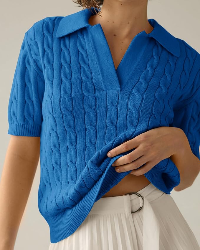 Imily Bela Womens Cable Short Sleeve Sweaters Tops Lapel V Neck Knit Shirt | Solid,Knit Casual,Soft Pullover,Fall Sweaters,Womens Summer Work Tops