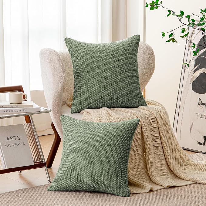 a moment Moss Green Chenille Throw Pillow Covers 18x18 Inch Pack of 2 Modern Decorative Throw Pillow Covers Farmhouse Cross Covers Home Decor for Sofa Bedroom Living Room