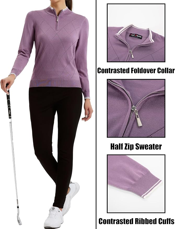 JACK SMITH Quarter Zip Pullover Sweaters for Womens, Rib Polo Sweater Tops | V Neck,Knit,Long Sleeve,Argyle,Open Pattern,Callar,Lightweight,Fashion,Golf Work Business Daily Wear Versatile Pullover Shirt