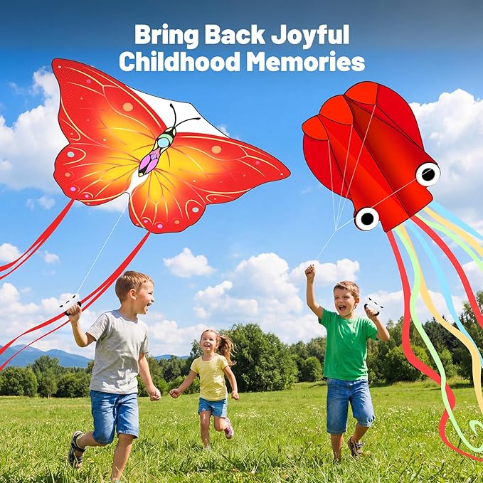3 Pack Large Kites, Easy to Fly Large Butterfly, Giant Red Octopus & Colorful Delta Kite for Beach Trip - Perfect Kites for Kids Ages 4-8 8-12, Gifts for Easter and Festival