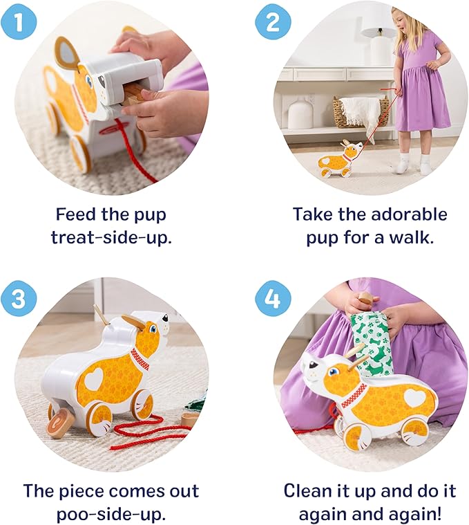 Melissa & Doug Feed, Walk & Poo Pup Wooden Preschool Pull Toy Play Set Ages 3+ - FSC Certified