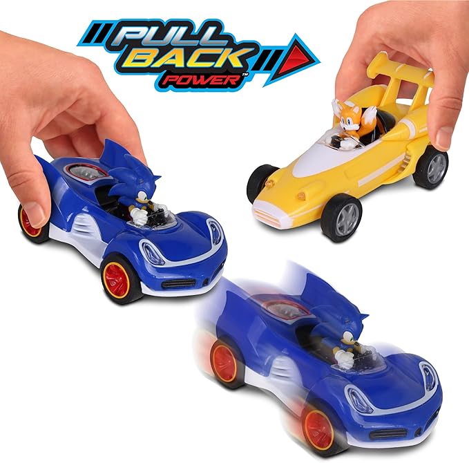 NKOK Sonic Transformed All-Stars Racing 2 Pack Pull Back Action: Tails and Sonic Hedgehog, Two Vehicles, Video Game Legends, No Batteries Required, Pull Back – Release - and Watch it go