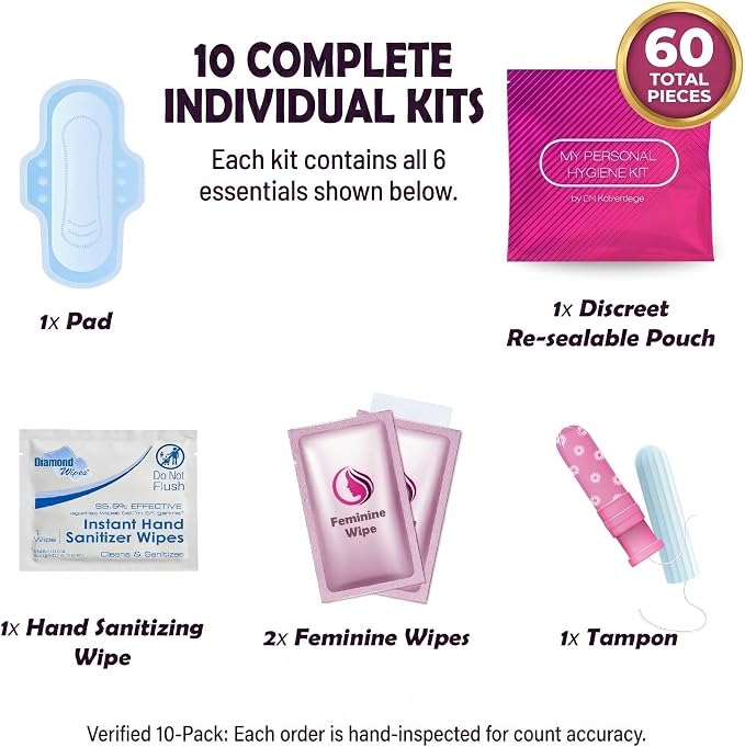 Menstrual Kit All-in-One 10 Pack | Convenience on the Go | Period Kit Pack for Travelling, Tweens & Teenagers or just When You’re Out | Individually Wrapped Feminine Hygiene Product (Pink)