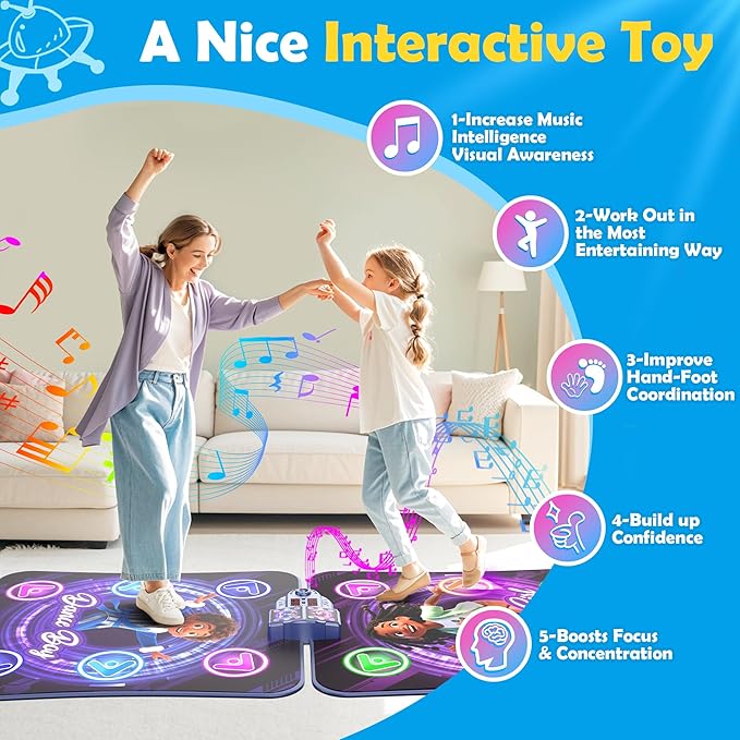 2-Player Electronic LED Light Dance Mat, Music Dance Toy with 5 Modes, Develops Hand-Eye Coordination, Challenge Game for Single or Double Players, Christmas Dance Mat Toy for Boys & Girls Ages 3-12