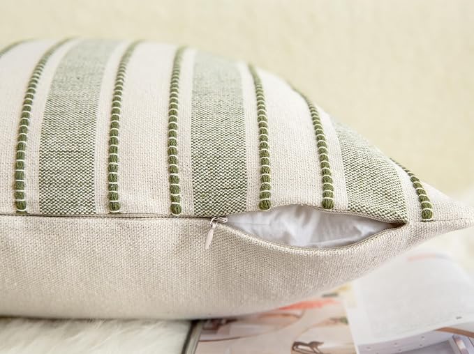 Cethom Decorative Boho Throw Pillow Covers, Farmhouse Textured Pillow Case, 22 x 22 Inch Set of 2, Chair Sofa Bedroom Living Room Home Decor Couch Cushion Case, Olive Green and Beige Striped