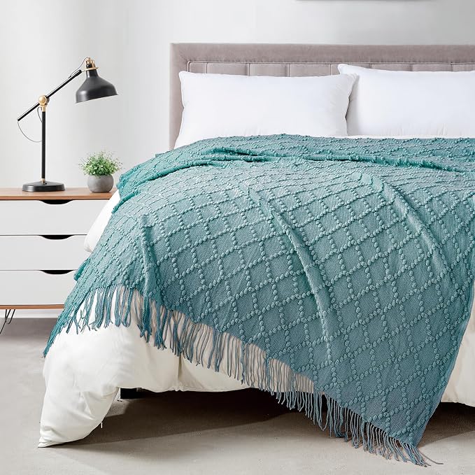 BOURINA Blue Throw Blanket 50 x70 Inch Jacquard Throw Knitted Blanket | Jacquard Argyle Throw Textured Solid Soft Throws and Blankets for Sofa or Bed Knitted Decorative Blanket
