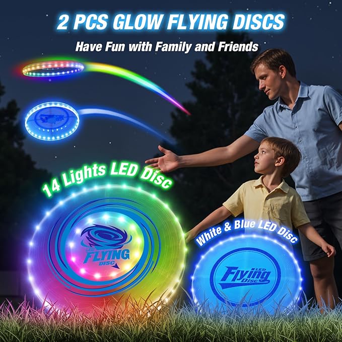HYES 2 Pack Light up Flying Discs for Kids, Rechargeable Disc with 45 LEDs, 14 Lighting Modes(10")&Built-in Battery Disc(7.8"), Glow in The Dark Ring for Beach/Camping/Outdoor Sport