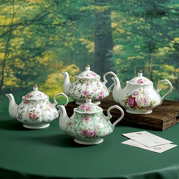 Agyiuns Flower Ceramic Teapot,22oz Porcelain Tea pot for Tea Coffee Milk for Office Home Men Women as Gift (Green)
