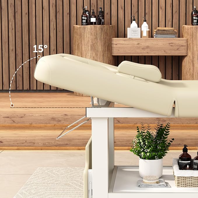 Extra Large 34''×80'' Folding Stationary Massage Table with Adjustable Backrest, Heavy-Duty Metal Frame PU Leather Treatment Bed for Spa, Physical Therapy, Tattoo, Facial & Medical Exam - Beige Gray