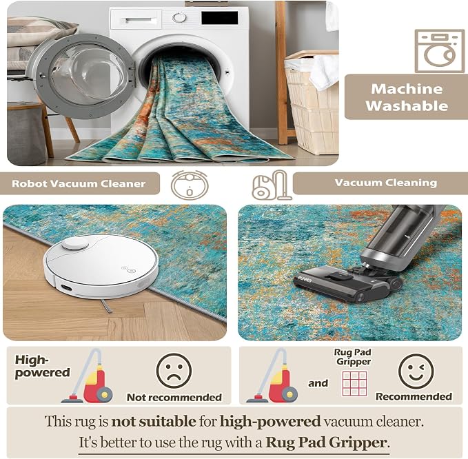 RELEANY Washable Square 8'x8' Area Rug for Living Room Teal Multi | carpet for bedroom, kitchen, office, hallway and entryway, printed pattern, non-slip, soft, stain-resistant, easy to clean
