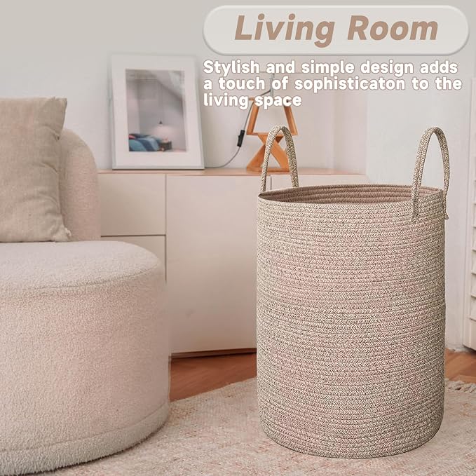 JMvicyroam 60L Cotton Rope Laundry Basket Hamper, Oatmeal | Collapsible laundry basket, reinforced handles, freestanding, machine washable, holds 3-5 thick blankets, clothes or toys