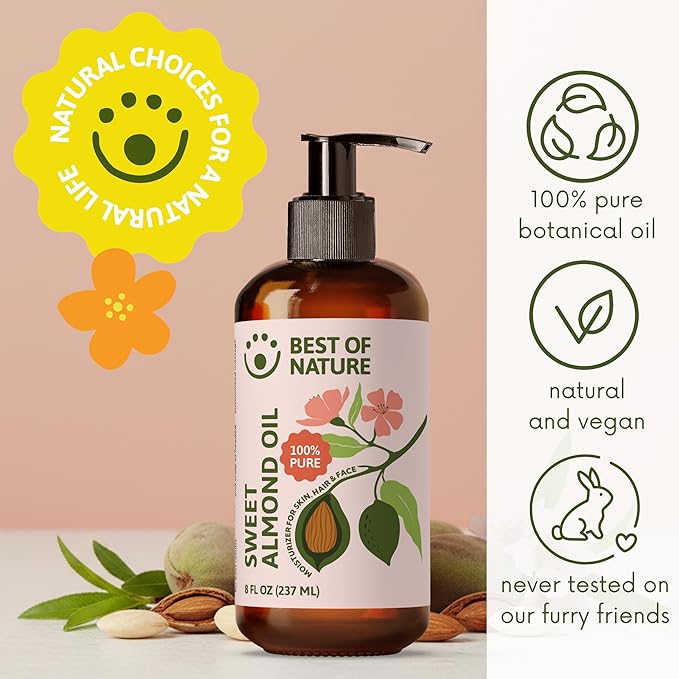 Best of Nature 100% Pure Sweet Almond Oil – Moisturizing Massage & Body Oil, Unscented for Hair, Skin, Face, Soap Making, Aromatherapy, Ideal Carrier for Essential Oils, 1 Gallon (128 fl oz)