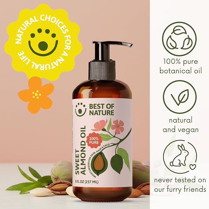 Best of Nature 100% Pure Sweet Almond Oil – Moisturizing Massage & Body Oil, Unscented for Hair, Skin, Face, Soap Making, Aromatherapy, Ideal Carrier for Essential Oils, Half Gallon (64 fl oz)