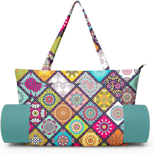 Yoga Bag for Women, Large Canvas Yoga Mat Tote Bag with Yoga Mat Carrier - Large Mat Pocket Fitness Tote for Pilates, Gym, Travel, Office & Beach