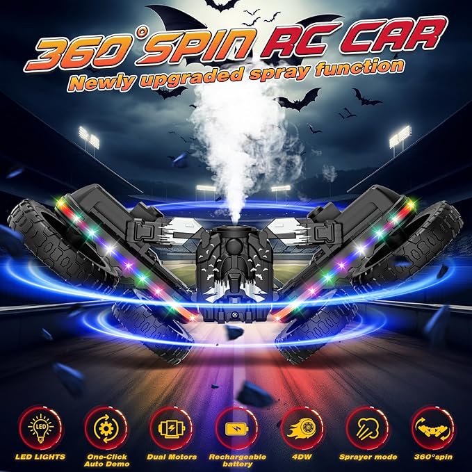 Jimdella RC Cars Toys, 2-in-1 Remote Control Car Transform 4WD with Spray & LED Lights, 2.4GHz Off-Road Stunt Truck for 360° Flips Gift for Boys Age 8-12 (Black)