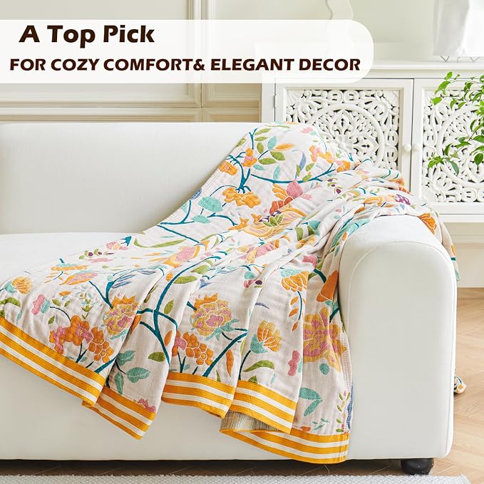 VANJOROY Boho Throw Blanket for Bed, 100% Organic Cotton Breathable Ultra Soft 50" x 60" Quilt Beige Throw - All Season Floral Farmhouse Decor Luxury Reversible Blanket for Sofa Couch Chair and Gift