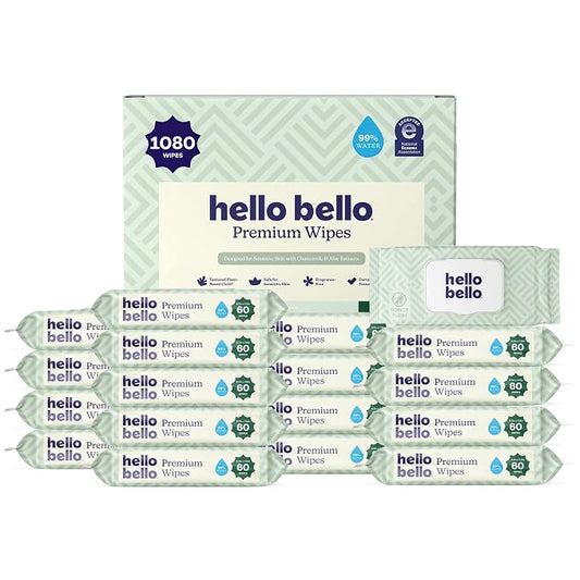 Hello Bello Premium Wipes, Designed for Sensitive Skin with Chamomile & Aloe Extracts, Simply Sage (18 Resealable Packets = 1080 Total Wipes)