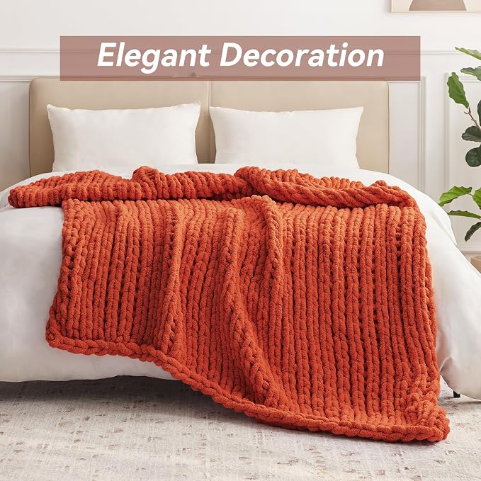 Negwoo Chunky Knit Throw Blanket, Knitted Throw Chenille Yarn, 40"*50" | Soft Thick Cable Knitted Blankets, Handmade Big Thick Blanket, Machine Washable Cute Comfy Blanket for Home Decor, Orange