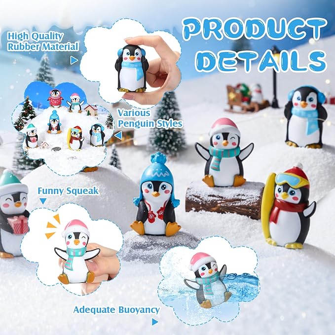 Realspring 48 Pcs Rubber Penguin Valentines for Class Bulk Glow in The Dark Winter Penguin Bath Toy Floating Rubber Animals Cute Cake Topper Gifts for Kids Classroom, Home Car Dashboard Decor (Black)