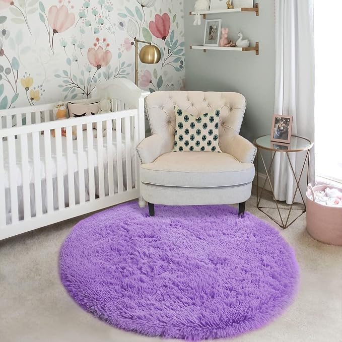 Amdrebio Purple Round Rugs 4Ft for Girls Bedroom Decor Aesthetic, Fluffy Fuzzy Circle Area Rugs for Kids Room, Soft Cute Furry Plush Shaggy Throw Lavender Carpet for Living Room, Baby Nursery, Dorm