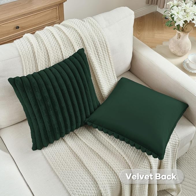 FUTEI Pack of 2 Faux Fur Throw Pillow Covers 18x18 Inch, Dark Green | Fluffy Faux Rabbit Fur Front/Premium Velvet Back,Hidden Zipper,Machine Washable,Non-Shedding,Colorfast,Insert Not Included.