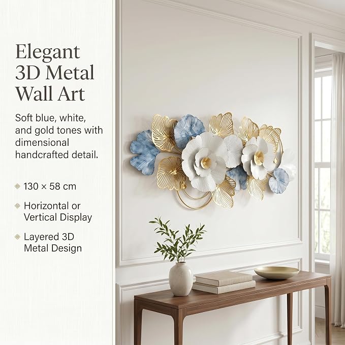Axioglo 51" Large Wall Decor,3D Floral Metal Wall Art for Living Room | 51" x 22" metal wall decor with layered metal texture, mounting hardware, two-way display