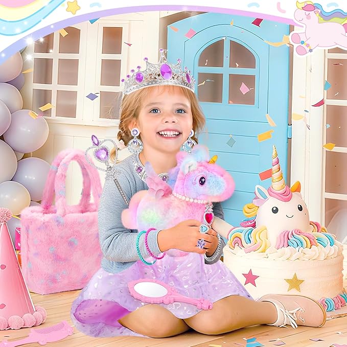 Tagitary Interactive Unicorn Plush Toy with Glowing Horns, Walking Pony Realistic Stuffed Unicorn with Kids Dress Up & Pretend Princess Jewelry Toys,Christmas Birthday Gift Party Favors for Toddlers