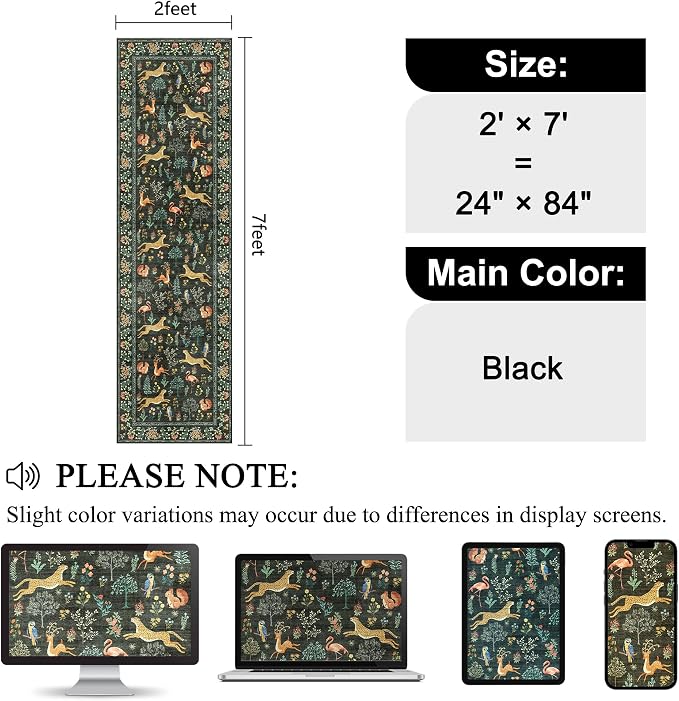 DUKINO 2x7 Runner Rug for Hallway, Washable Kitchen Rugs Non Slip, Black | Low Pile, Stain Resistant, Animal Indoor Carpet Runner for Hallway, Entryway, Bedroom, Bathroom, Lightweight, Pet Friendly