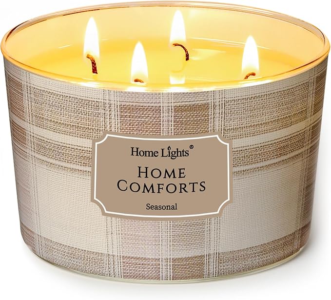 HomeLights Home Comforts Scented Candles | 18oz Soy Candles Rustic Modern 4-Wick Large Candle Jars | Ideal Candle Gifts for Events, Home Decor Stress, Relief & Relaxation