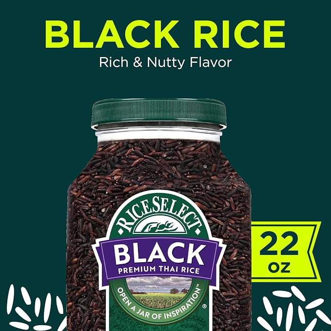 RiceSelect Black Rice, Whole-Grain Rice | Fiber-rich rice for stovetop, easy to cook, versatile pantry staple, gluten-free, vegan, kosher, non-GMO, 22-ounce jar