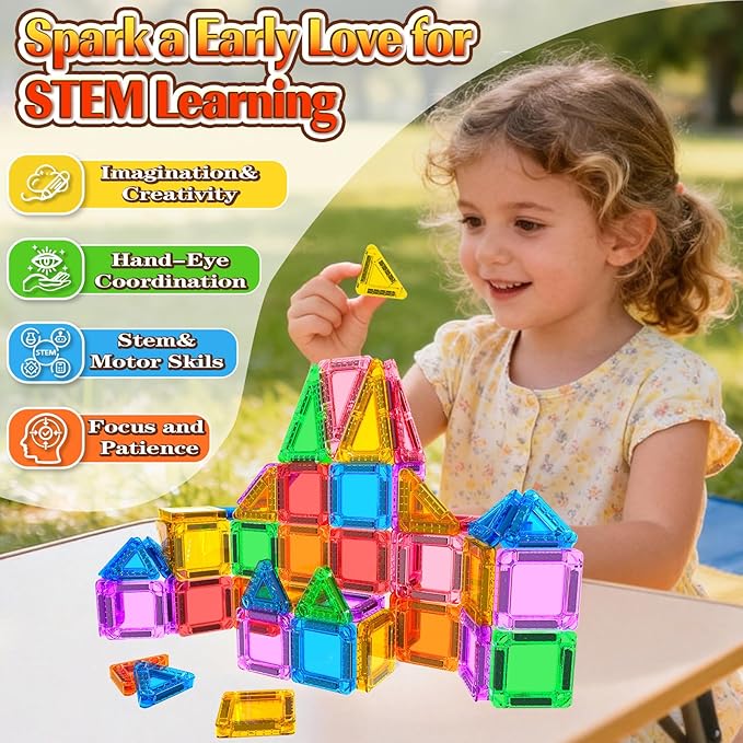 Mini Magnetic Tiles, Magnetic Travel Toys with Portable Tin, STEM Preschool Toddlers Toys for Kids Ages 3-5 4-8, Ideal Birthday&Christmas Gifts for 3+ Years Old Boys and Girls
