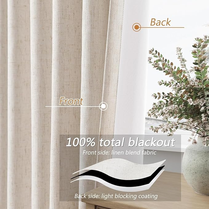 Guken 100% Blackout Linen Curtains 112 Inch Wide by 52 Inch 2 Panels Set for Living Room Bedroom Back Tab Thermal Insulated Black Out Drapes Room Darkening Window Curtains, Linen