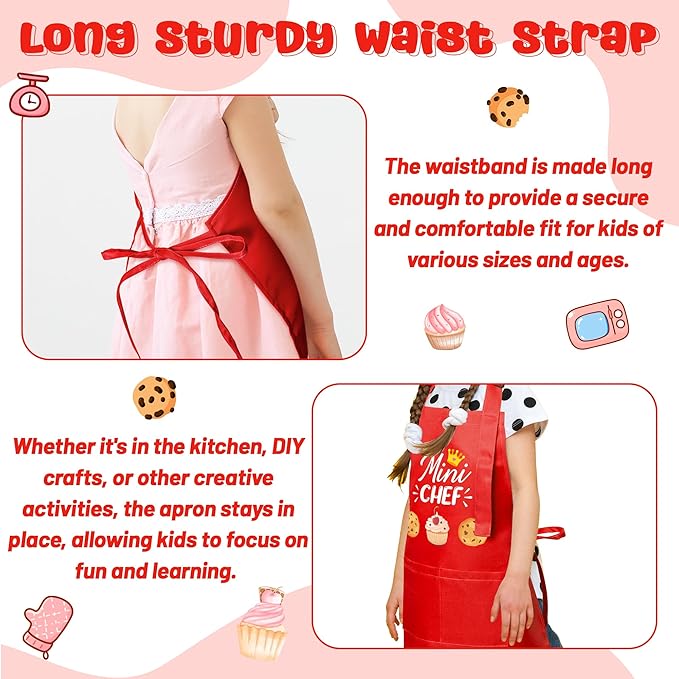R HORSE Kid Apron and Chef Hat Set - 2Pcs Red Mini Chef Adjustable Children Kitchen Toddler Apron for Girls Boys, Funny Dress up Pretend Play Toy Birthday Gift for Kids Cooking Baking Painting