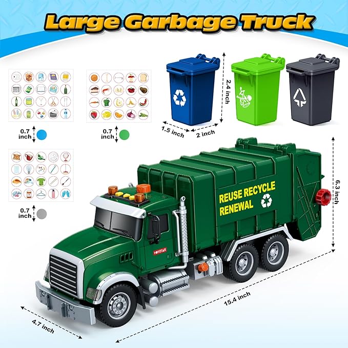 Kids Toys for 3 4 5 6 7 8 Years Old Boys, 15" Large Garbage Truck Toy, Friction Powered Garbage Recycling Truck with Lights and Sounds, 3 Trash Bins with Trash Cards, Birthday Gifts for Boys Girls
