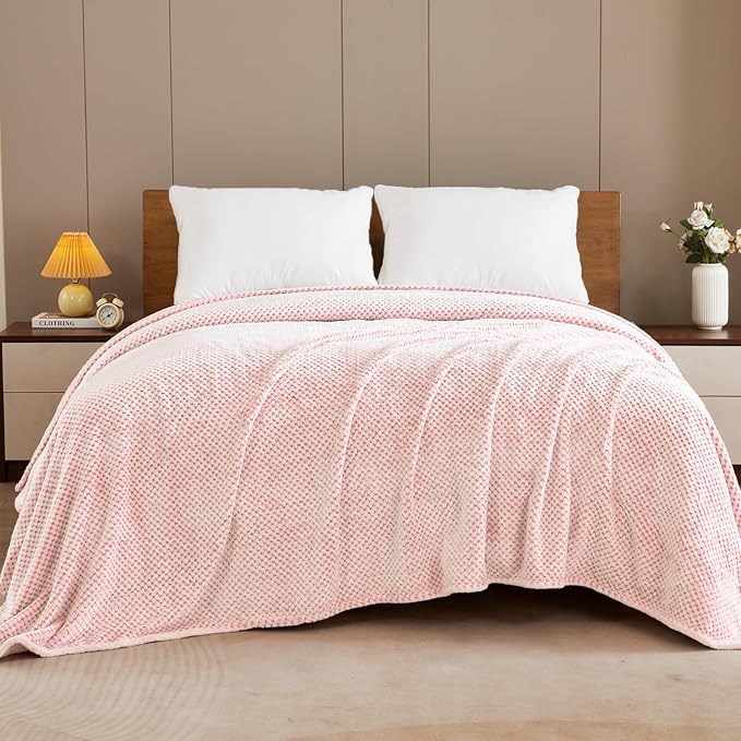 Exclusivo Mezcla Soft Waffle Fleece Bed Blanket Queen Size, Heather Pink | Lightweight Plush Blanket for Bed, Bedroom, Cozy Flannel with Waffle Texture, Stylish Home Decor, All Season, 90x90 Inches