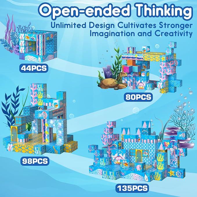 Magnetic Building Blocks-135 PCS Growing Ocean Magnet Cubes Tiles with USB Light Panel,STEM Sensory Construction Toys Set Christmas Birthday Gifts for Kids Boys Girls Toddlers Ages 3+,4-8,6-8