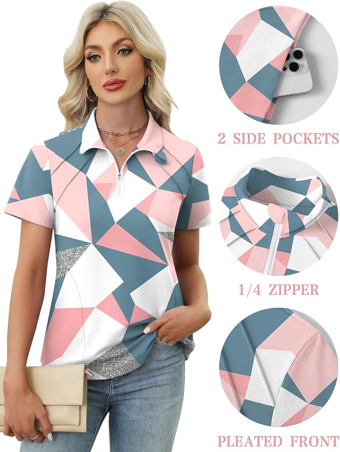 LOMON Womens Golf Polo Shirt Summer Short Sleeve Quarter Zip Outfit | Side-Pockets,Princess Seams,Cotton,Wrinkle Free,Moisture Wicking,Quick-Dry,Lightweight,Collared,for Tennis Workout