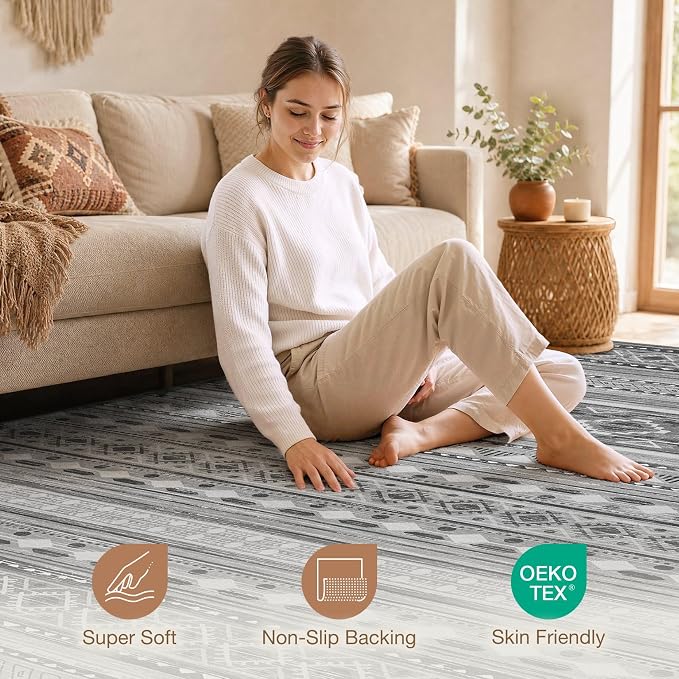 cotiled 5x7 Area Rugs Living Room Rug: Washable Boho Rugs with Non Slip Backing Large Soft Indoor Stain Resistant Carpet for Bedroom Farmhouse Dining Room Lightweight Home Decor Beige Grey