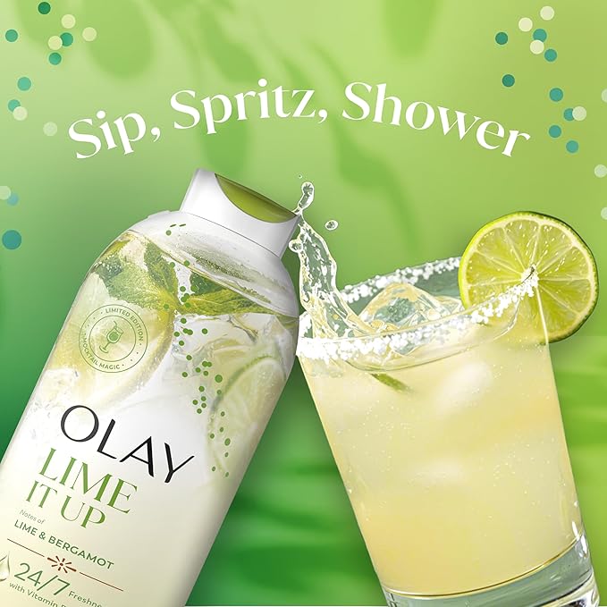 Olay Body Wash for Women, 24/7 Skin-Loving Freshness, Miami Mocktails, Plant Based Cleansers, Vitamin B3 & Antioxidant Blend, For All Skin Types, Lime It Up with Lime & Bergamot Scent, 22 fl oz