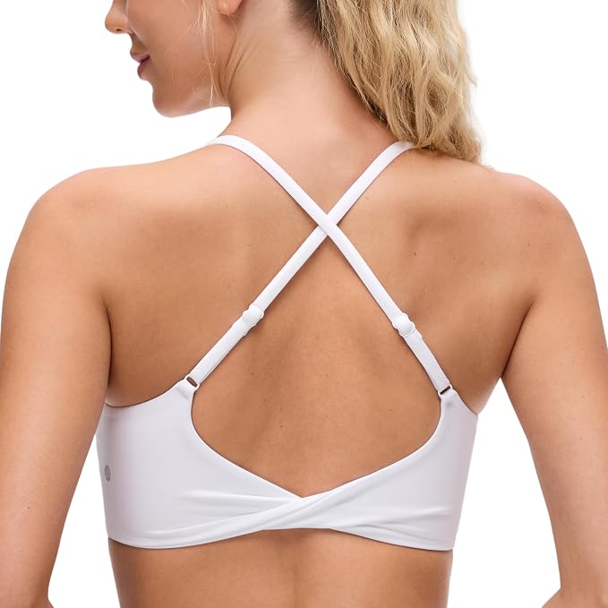 CRZ YOGA Butterluxe Twist Cross Back Sports Bras for Women - U Neck Padded Adjustable Spaghetti Straps Yoga Top