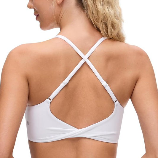 CRZ YOGA Butterluxe Twist Cross Back Sports Bras for Women - U Neck Padded Adjustable Spaghetti Straps Yoga Top