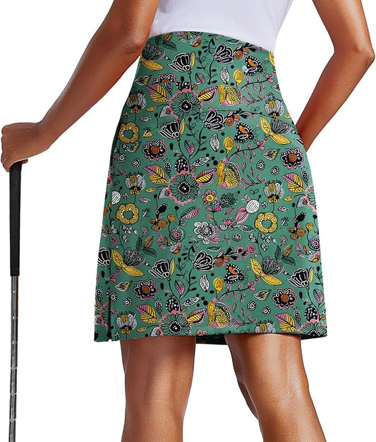 PINSPARK 20" Skorts for Woman Knee Length UPF 50+ Golf Skirts | 4 Pockets, Built-in Shorts, High Waisted, Split Hem, Silky-smooth, Moisture-wicking, for Golf Athletic Tennis Workout Casual