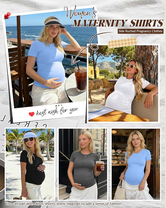 Huukeay 4 Pack Women's Maternity Shirts, Crew Neck Maternity Top Short Sleeve Casual Cotton Tee Side Ruched Pregnancy Clothes