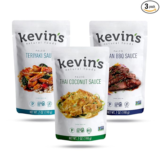 Kevin's Natural Foods Simmer Sauce, Teriyaki/Thai Coconut/Korean BBQ | Paleo Variety Pack, Stir-Fry Sauce, Gluten Free, No Preservatives, Non-GMO